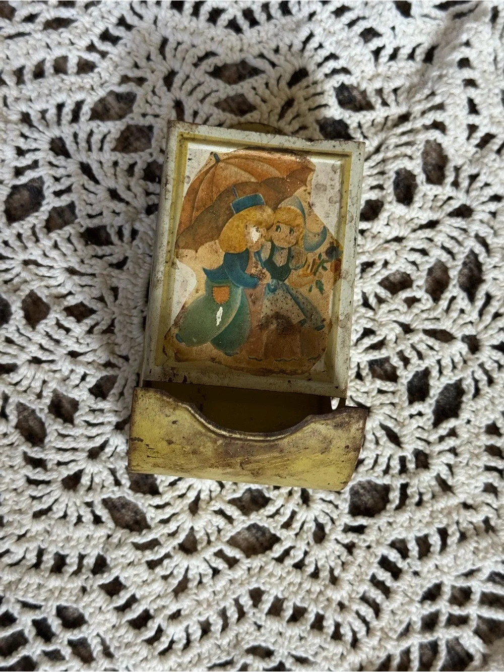 Vintage Tin Dutch Children Match Holder | Wall Match Box Holder | Cottage Decor